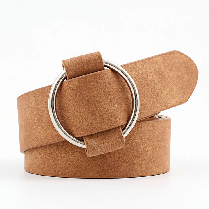 Needle-Free Round Buckle Casual Women′ S Belt Youth Fashion Wide Belt Women′ S Belt Faux Leather Belts Pin Free Buckle Belt