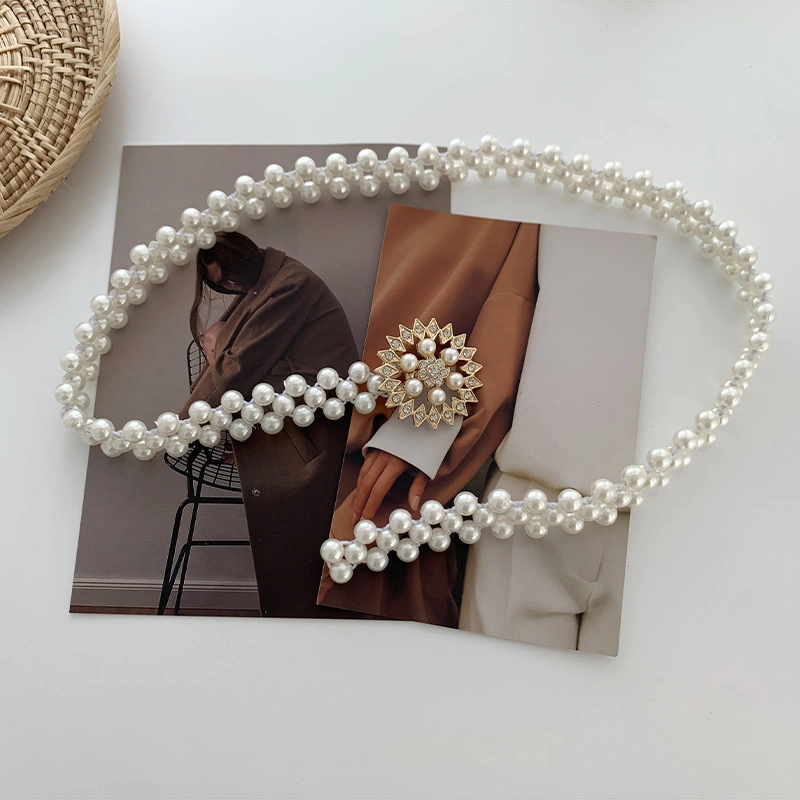 New Fashion Elastic Waist Belt Female Lady Women All-Match Pearl Belt Diamond Inside with Dress Belt Bl-3025