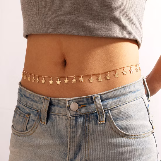 Catena a vita lunga con pendente a forma di farfalla a forma di stella lunare multistrato tono oro Boho