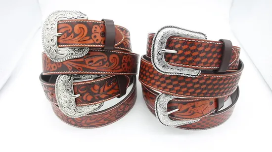 Cintura in pelle pieno fiore da cowboy con fibbia western di lusso alla moda unisex, brama in rilievo
